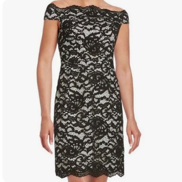 Aidan Mattox Black Lace Off Shoulder Sheath Special Occasion Dress Size 4 - Picture 2 of 10